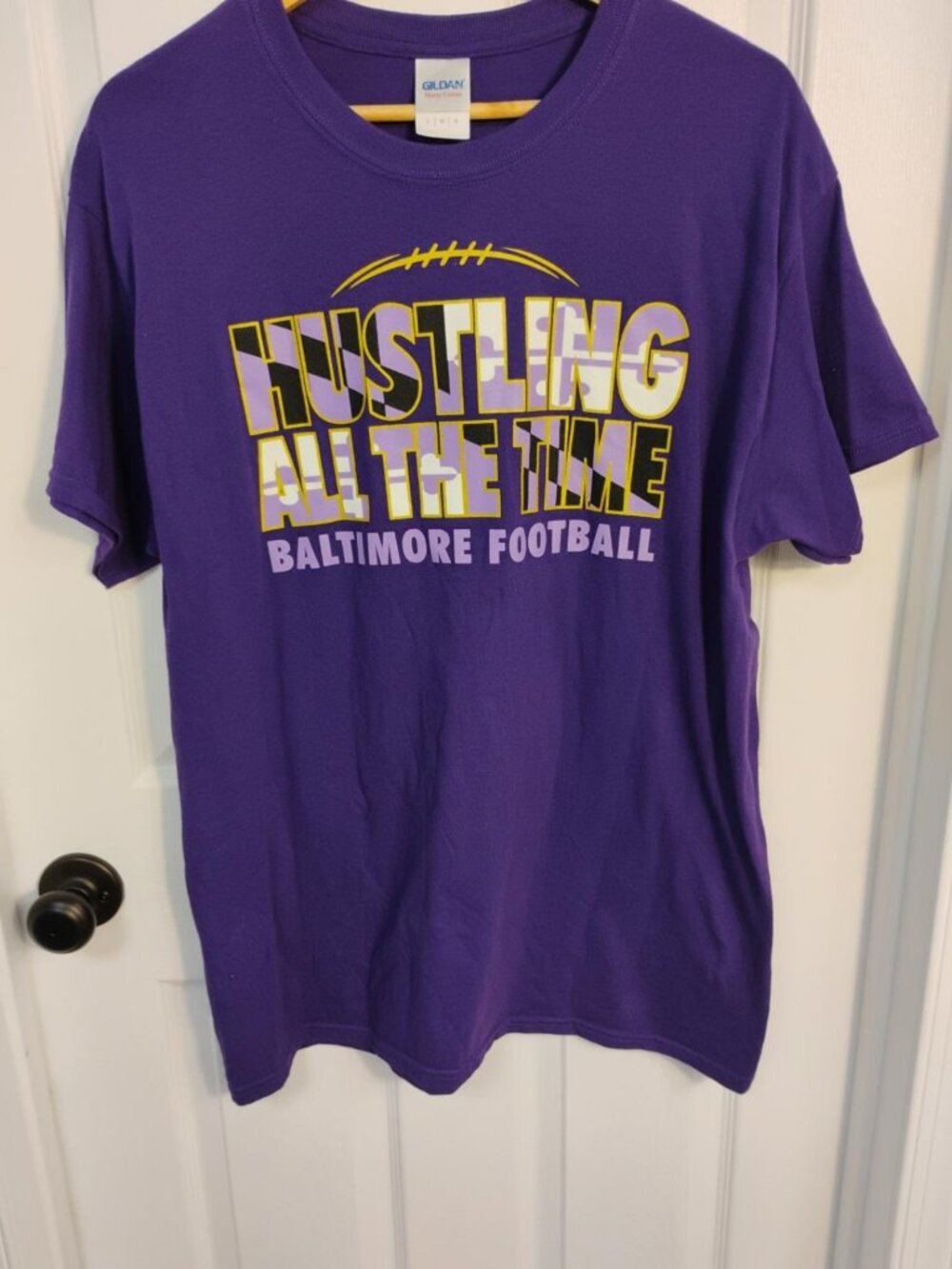 Baltimore Football Hustling All the Time Purple Graphic T-Shirt Large